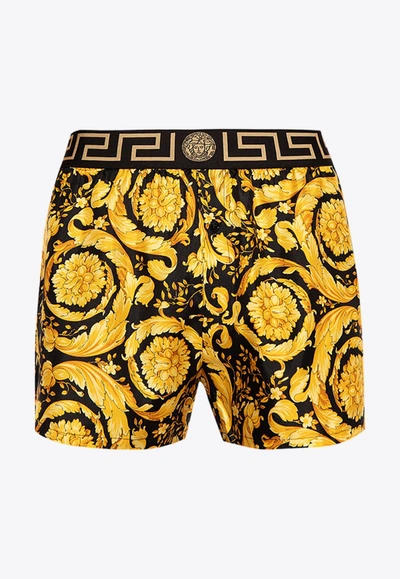 Versace Baroque Print Silk Loungewear Shorts In Gold Black