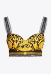 Versace Lace-trimmed Printed Silk-twill Bralette In Black
