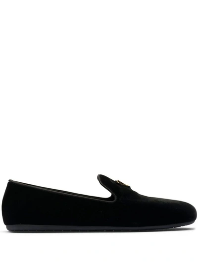 Prada Triangle Logo Velvet Loafers In Black