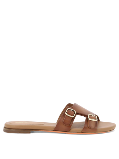 Santoni Slide Sandal Double-buckle Leather In Brown