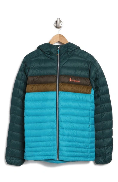 Cotopaxi Fuego Water Resistant 800 Fill Power Down Hooded Jacket In Deep Ocean And Mineral Blue