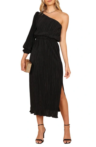 Petal And Pup Pontee Plissé One-shoulder Midi Dress In Black