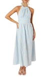 Petal And Pup Taila Eyelet Embroidered Halter Neck Cotton Maxi Dress In Blue Floral