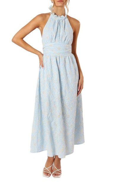 Petal And Pup Taila Eyelet Embroidered Halter Neck Cotton Maxi Dress In Blue Floral