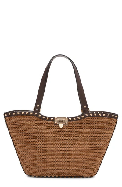 Valentino Garavani Small Rockstud Woven Raffia Tote In Brown