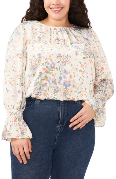 Cece Floral Ruffle Cuff Charmeuse Top In Egret