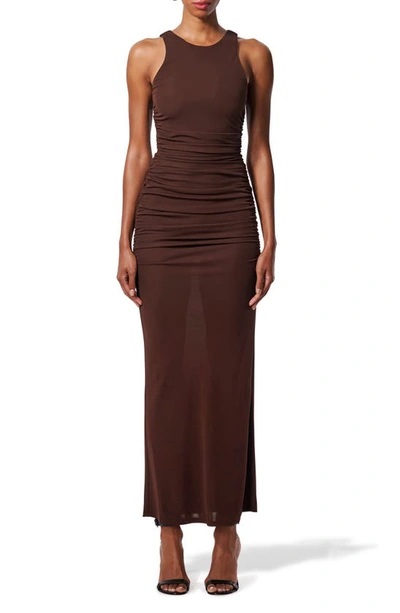 Carolina Herrera Sleeveless Ruched Midi Dress In Mocha