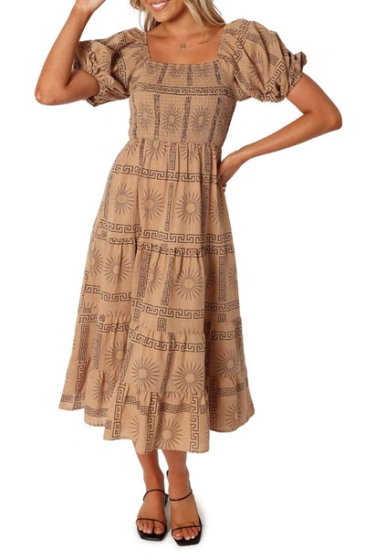 Petal And Pup Soliel Puff Sleeve Midi Dress In Tan Black