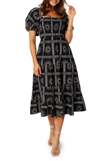 Petal And Pup Soliel Puff Sleeve Midi Dress In Black Tan