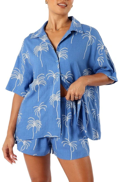 Petal And Pup Amira Short Sleeve Button-up Shirt In Blue Palm Print