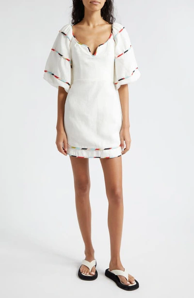 Farm Rio Stripe Trim Puff Sleeve Linen Minidress In White