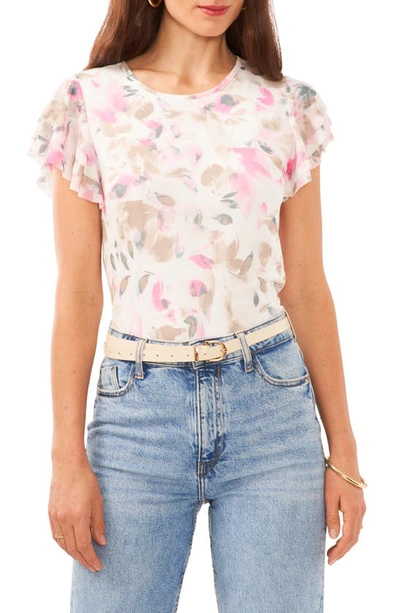 Vince Camuto Floral Ruffle Sleeve Mesh Top In New Ivory
