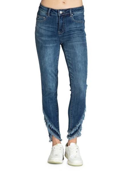 Apny Liberty Asymmetric Fray Hem Skinny Jeans In Medium Indigo