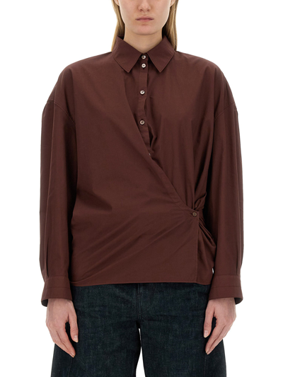 Lemaire Straight Collar Twisted Cotton Shirt In Brown