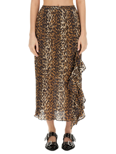 Ganni Leopard Pleated Georgette Midi Flounce Skirt In Multicolour