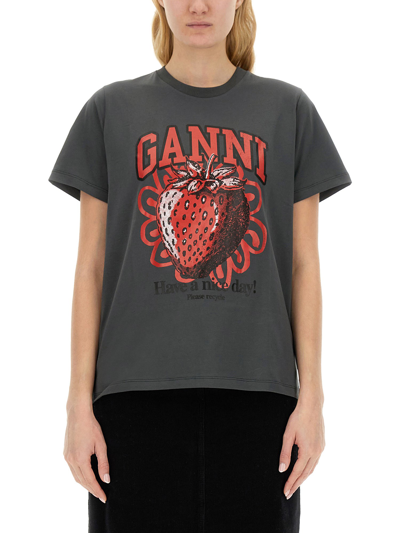 Ganni T-shirt With Logo In Charcoal