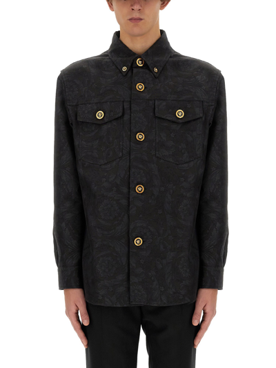 Versace Men's Tonal Barocco Jacquard Overshirt In Grey