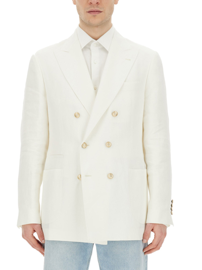 Brunello Cucinelli Double-breasted Linen And Wool-blend Suit Jacket In White