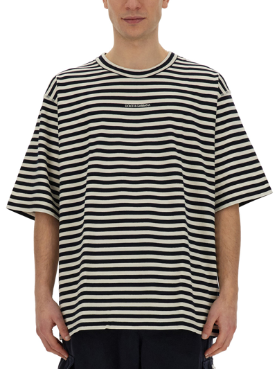 Dolce & Gabbana Logo-embroidered Striped T-shirt In White