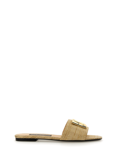 Dolce & Gabbana Logo Raffia Slides In White