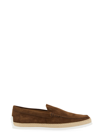 Tod's Suede Loafers With Round Toe And Braided Jute Sole In Brown
