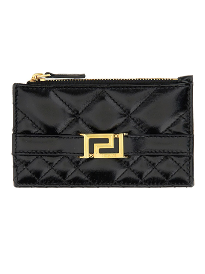 Versace Zippered Card Case Greca Goddess In Black