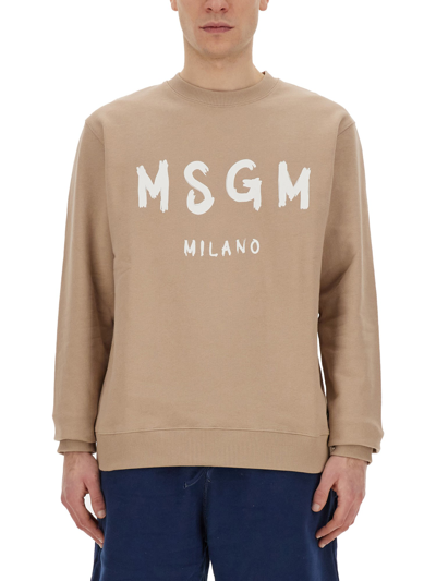 Msgm Sweatshirt With Brushed Logo In Beige