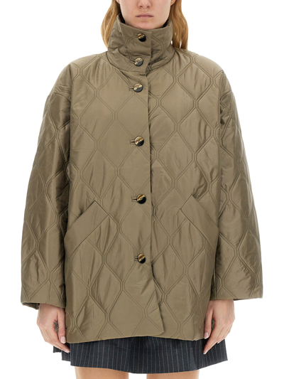 Ganni Shiny Quilt Jacket In Green