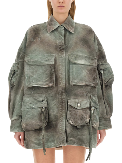 Attico The  Denim Stained Button Down Jacket In Military Green