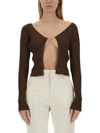 Jacquemus 'la Maille Pralu Longue' Brown Ribbed Cardigan With Logo Charm In Viscose Woman In Brown