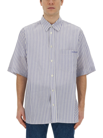 Marant Labilio Logo-embroidered Striped Cotton-poplin Shirt In Azure