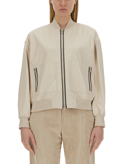 Brunello Cucinelli Leather Bomber Jacket In Ivory