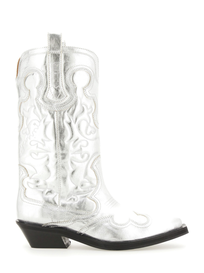 Ganni Recycled Metallic Embroidered Western Boots In Silver