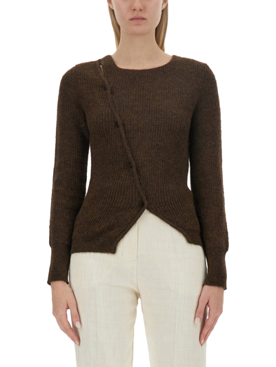 Jacquemus La Maille Pau Asymmetric Cardigan In Marrone