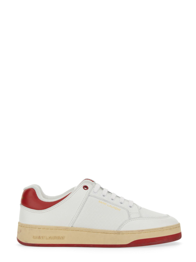 Saint Laurent White Grained Calfskin Sneakers For Women With Red And Gold Details