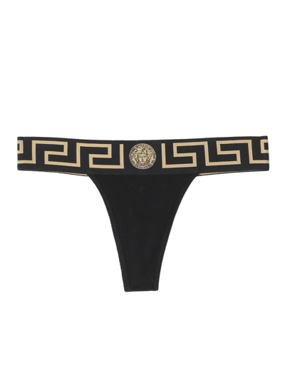 Versace Thong With Greek Key In Black