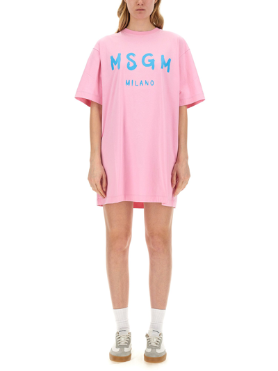 Msgm Logo-print Cotton T-shirt Dress In Pink