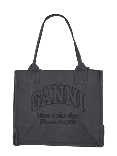 Ganni Large Tote Bag With Logo In Charcoal