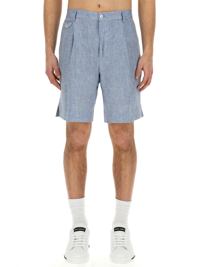 Dolce & Gabbana Button-fastening Linen Shorts In Azure