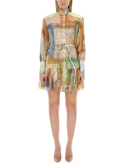 Zimmermann Matchmaker Lantern Belted Printed Cotton And Silk-blend Voile Mini Dress In Multicolor