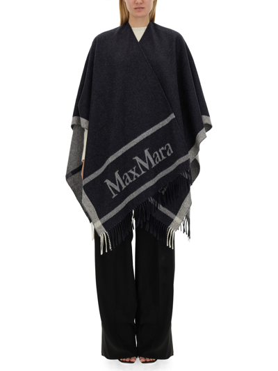 Max Mara Hilde Logo Wool Poncho In Blue