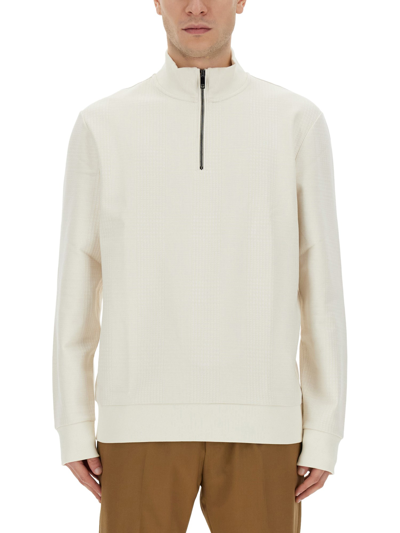 Boss Camel Sweatshirt With Collar And Zipper In White