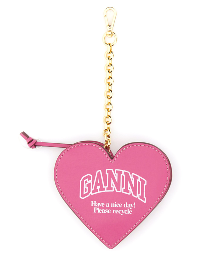 Ganni Funny Heart Zipped Coin Purse In Fuchsia