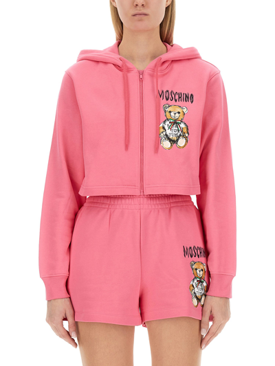 MOSCHINO CROPPED SWEATSHIRT WITH TEDDY BEAR LOGO