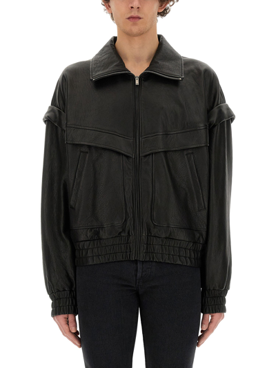 Saint Laurent Leather Bomber Jacket In Black