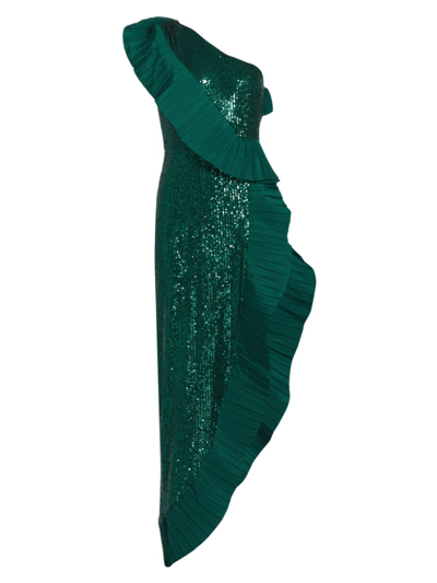 One33 Social One-shoulder Sequin Ruffle High-low Gown In Emerald