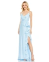 Mac Duggal V-neck Spaghetti Strap Satin Gown In Blue