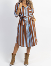 CRESCENT MONICA BOLD STRIPE MIDI DRESS IN BLUE/BROWN