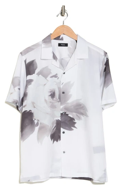 Theory Irving Abstract Print Short Sleeve Button-up Shirt In White/ Grey Multi