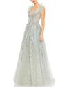 Mac Duggal Embellished Feathered Sleeveless A Line Gown In Silver